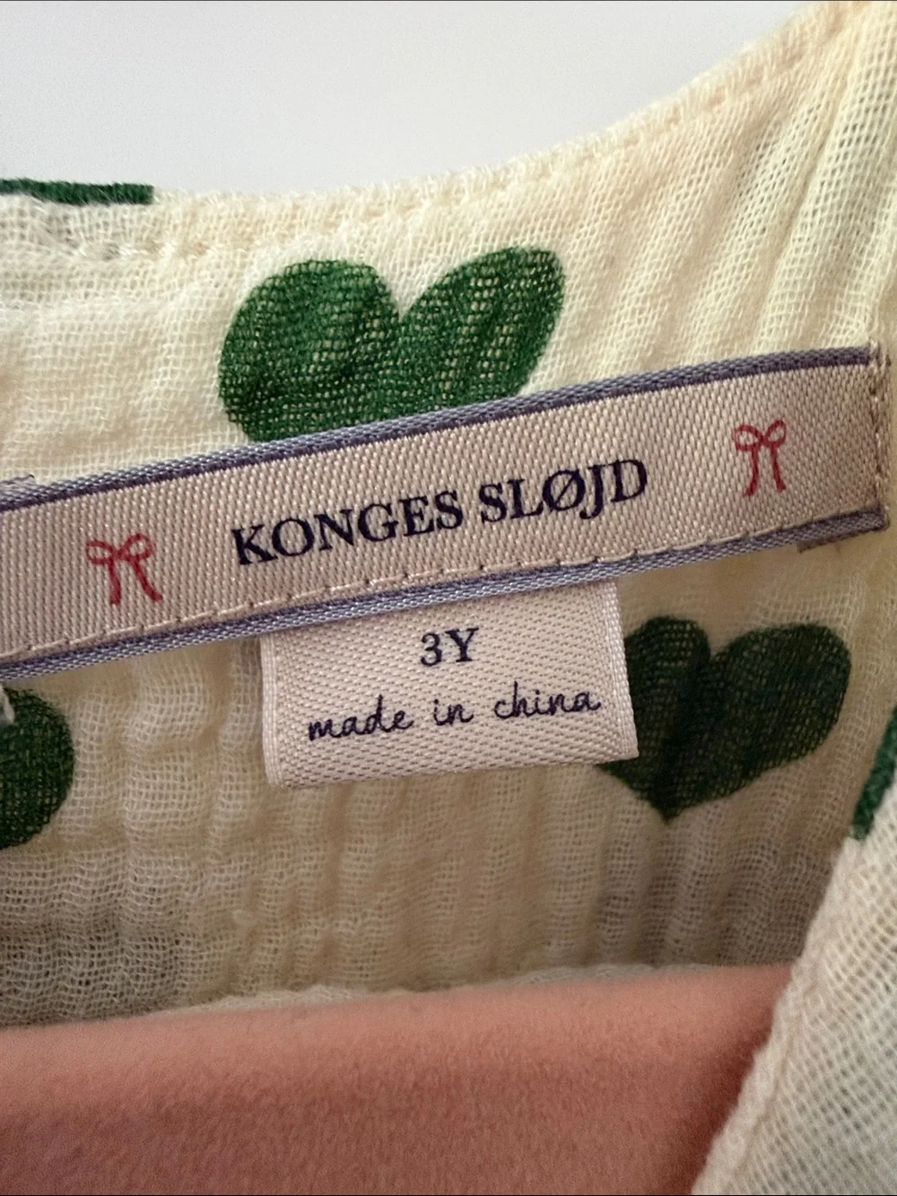 Konges Slojd Girls Cream Dress with Green Heart Print - Ruffled Sleeves Size 3Y